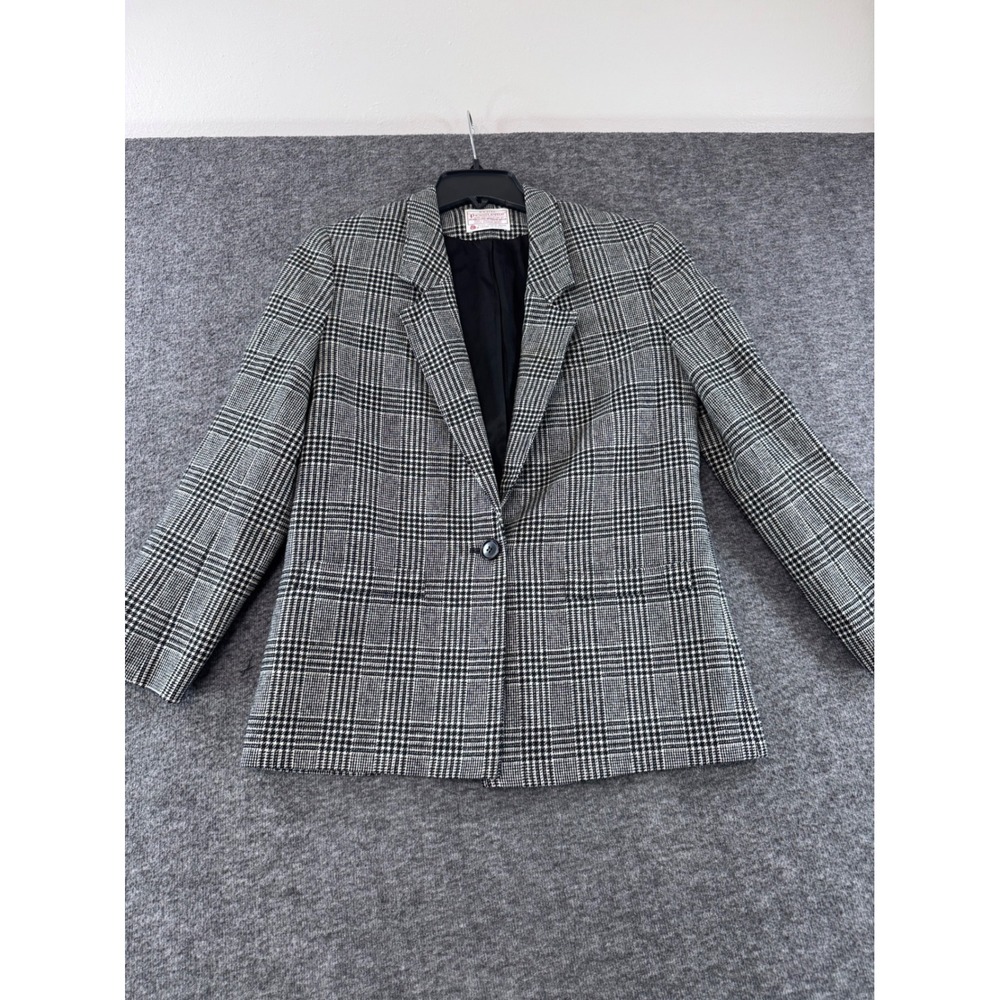 Pendleton Petite Wool Blazer 8 Black White Glen Plaid Made in USA